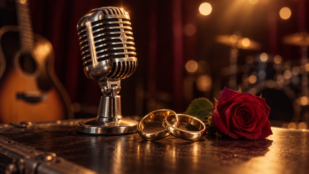 Mikrofon, Eheringe und rote Rose als Symbol für Rosemarie Remling und Wolfgang Petry